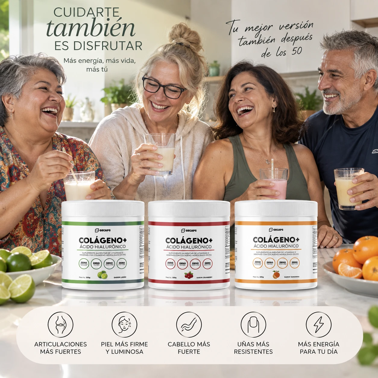 Cuatro amigas y amigos de más de 50 años riendo y brindando con vasos de Colágeno+; adelante, los tres potes: limón, cranberry y mandarina