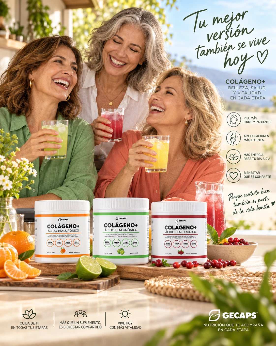 Tres mujeres sonriendo y brindando con vasos de Colágeno+ en sus tres sabores: mandarina, limón y cranberry